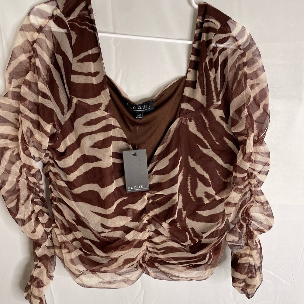 Eloquii Women’s Plus Size 18/20 Crop Top Ruched Brown White Animal Print New 77